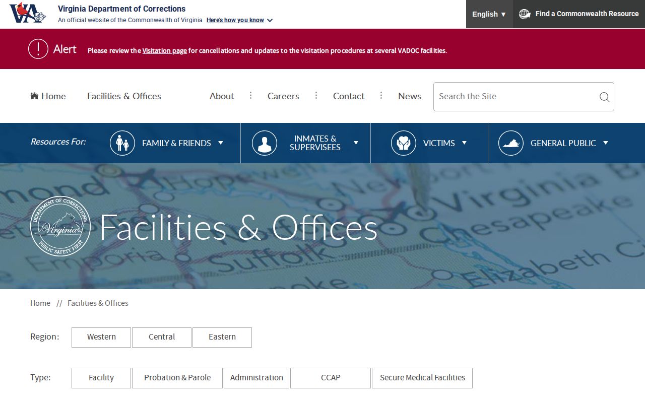 VADOC facilities directory used to identify Marion Correctional Treatment Center